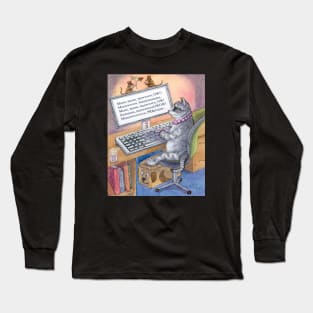 Kitty writing her novel on her computer Long Sleeve T-Shirt